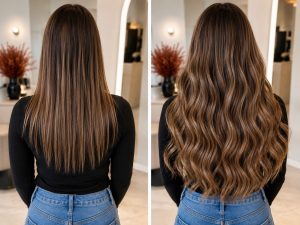 Invisible clip in hair extensions before and after transformation using real human hair extensions in Perth