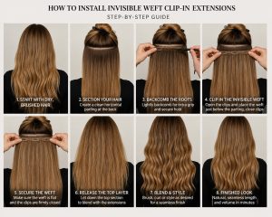 How to install invisible weft clip in hair extensions step by step on long hair